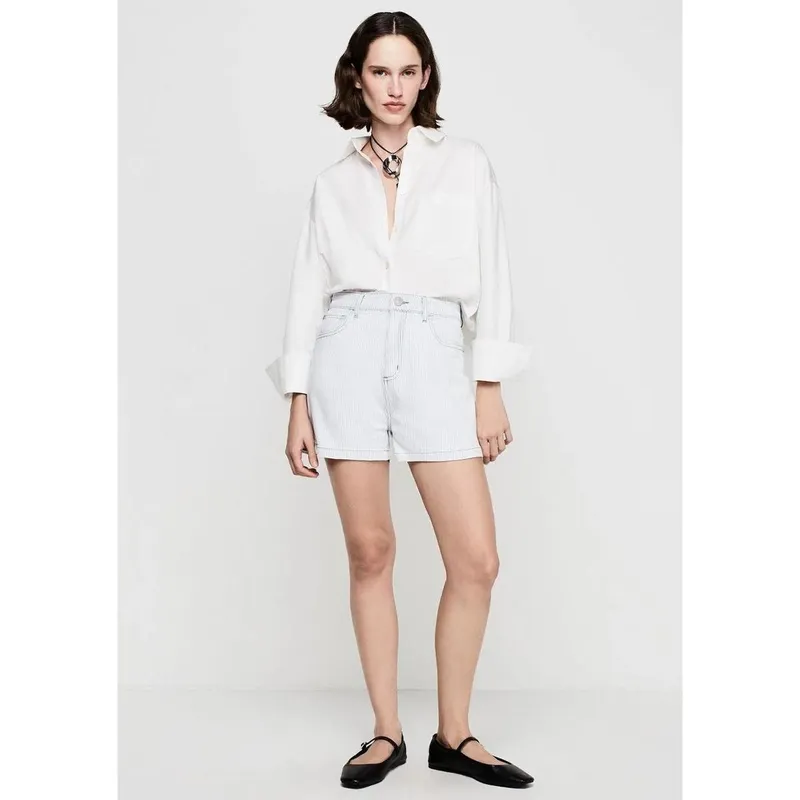 Shorts Jeans Reto Dzarm Cintura Alta Com Elastano