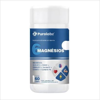 6 Magnésios Quelato + Dimalato + Óxido + Taurato + Citrato + Cloreto PA (60 Cápsulas) Purolabz