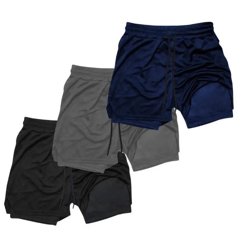 Kit 3 Shorts Treino Dry Térmico 2 em 1 com Bolso para Cel. e Porta-Toalha Calção Fitness Academia