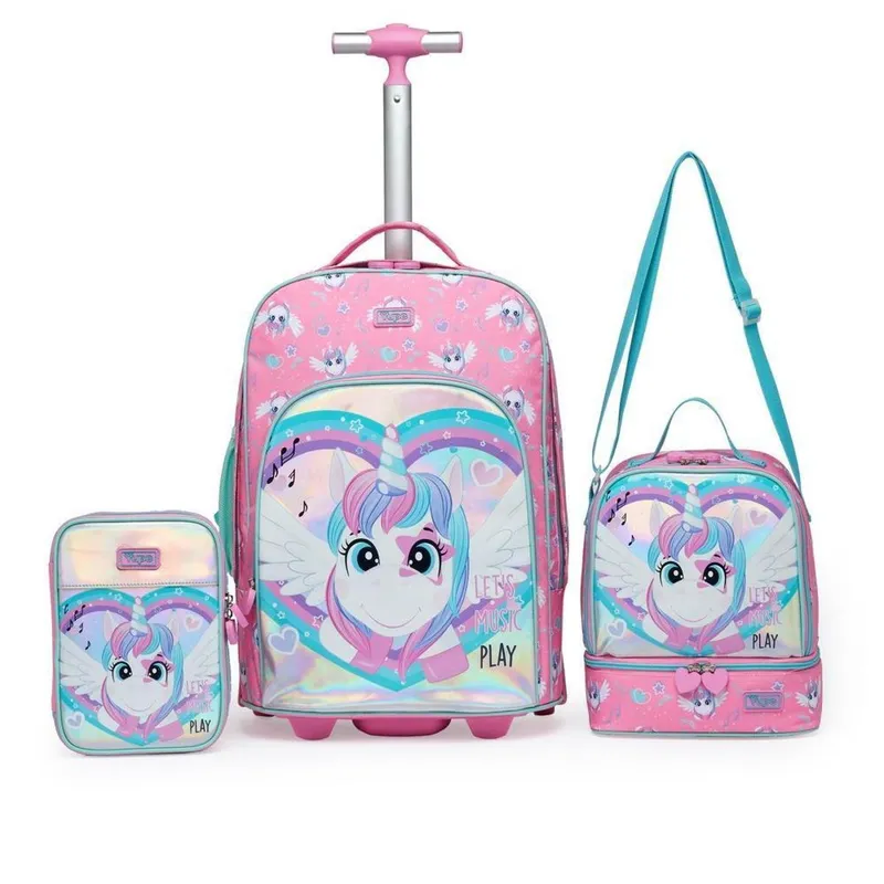 Kit Mochila Rodinhas Lancheira Estojo Reforçada Unicornio