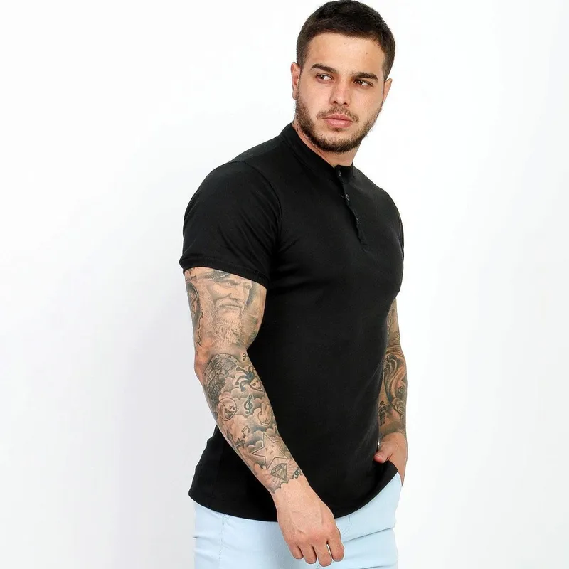 Camiseta Camisa Gola Padre Masculina Suedine Com Botão Slim
