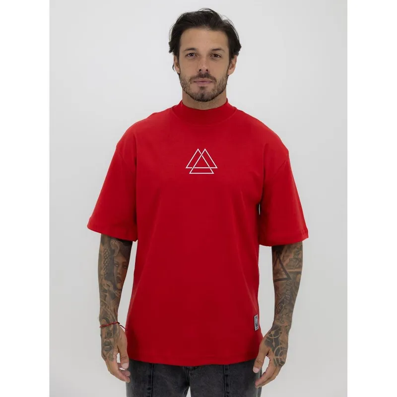 Camiseta Camisa Oversized Gola Alta Estampa Triângulo Streetwear Algodão Premium Vermelho