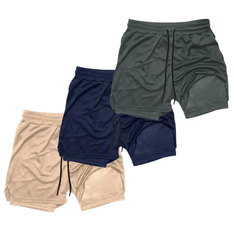 Kit 3 Shorts Masculinos 2 em 1 Térmico com Bolso Secagem Rápida Academia Treino