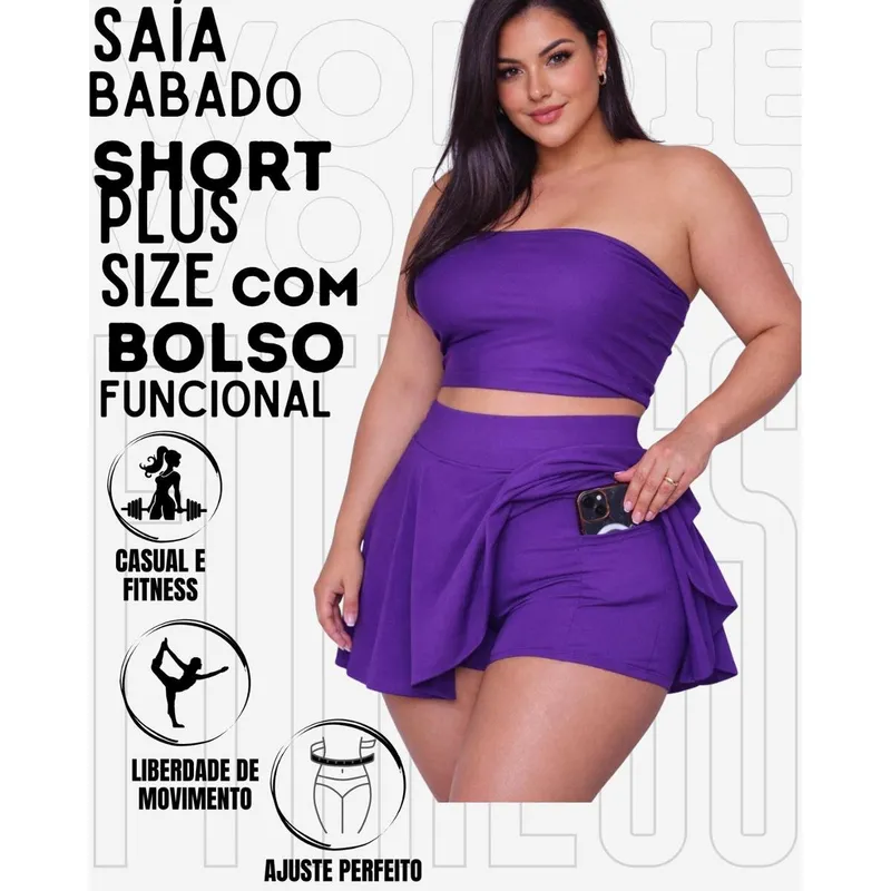 Saía Babado Com Short Plus Size Com Bolso Lateral Funcional Em Suplex WOLFOX Feminina