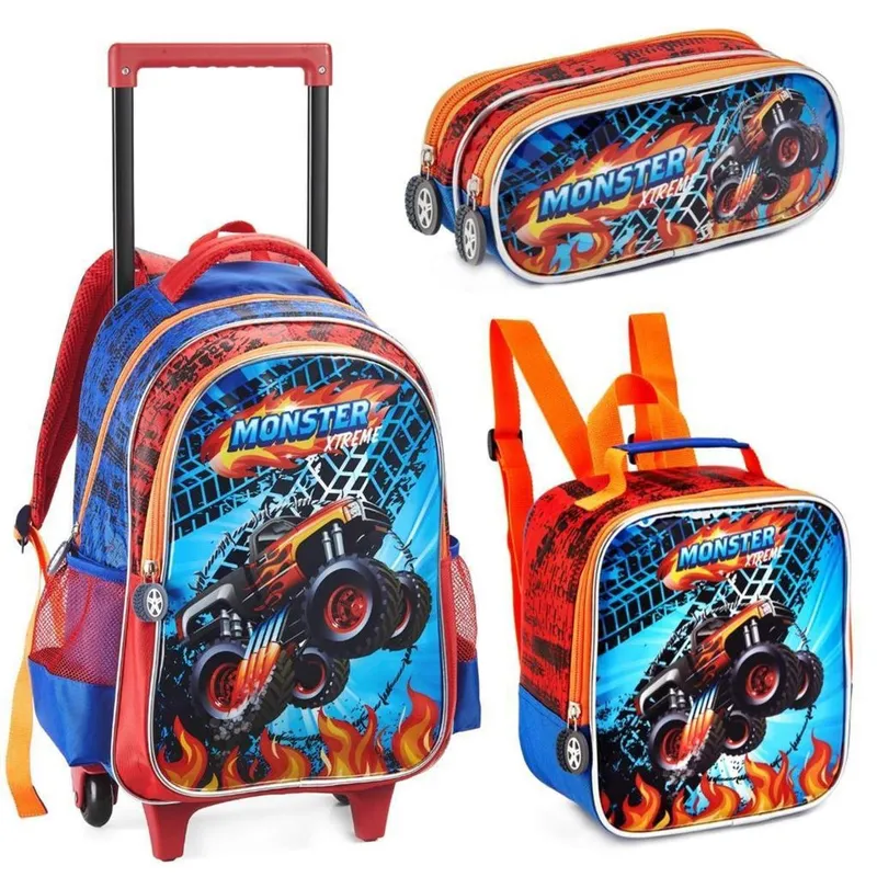 Kit Mochila Rodinha Lancheira Estojo Duplo Escolar Infantil Carro Monster Xtreme Denlex
