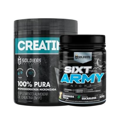 Kit: Creatina Monohidratada Pote 300g 100% Pura + Pré-Treino Sixt Army Night 300g - Soldiers Nutriti