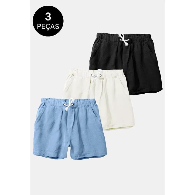 Kit 3 Shorts Linho Bermudas Masculino Praia Premium Preto, Azul e Off-White