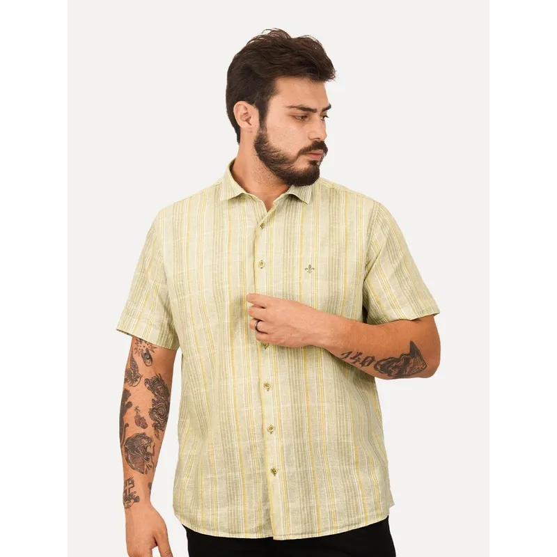 Camisa Dudalina Masculina Manga Curta Comfort Superfine Cotton Listrada Cáqui