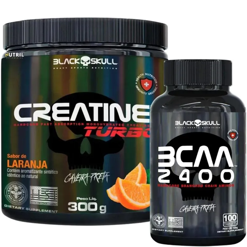 Kit Creatina Monohidratada Turbo Black Skull 300g Energia e BCAA Suplemento de aminoácidos 100 Caps