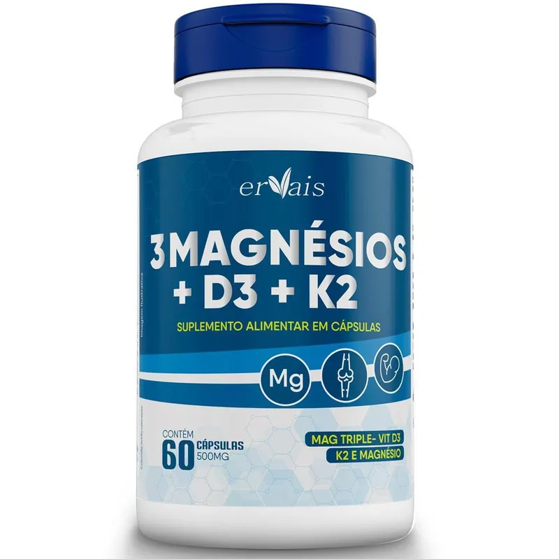 3 Magnésio - Malato + Taurato + Bisglicinato + D3 + K2 - 60 cáps