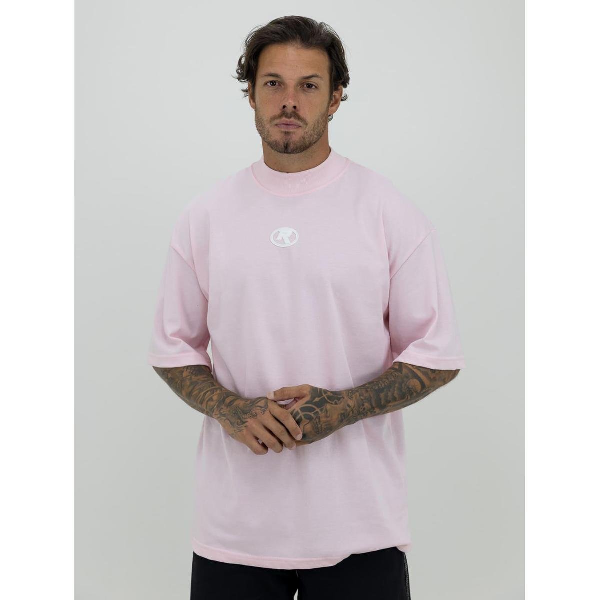 Camiseta Oversized Gola Alta Borracha Círculo White Streetwear Confortavel Masculina Rosa