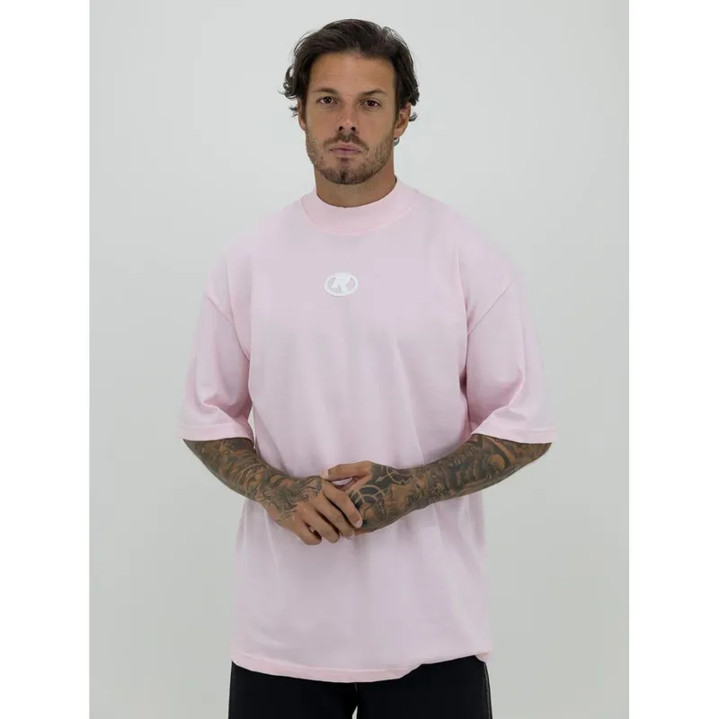 Camiseta Oversized Gola Alta Borracha Círculo White Streetwear Confortavel Masculina Rosa
