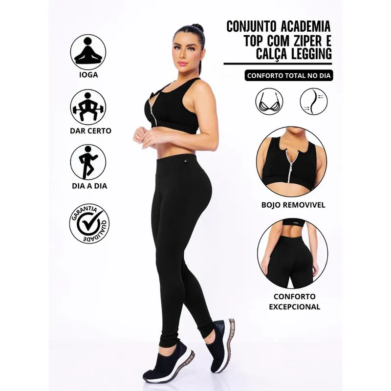 Conjunto Academia Top Com Ziper E Bojo E Calça Legging Sinta O Conforto No Seu Dia De Academia