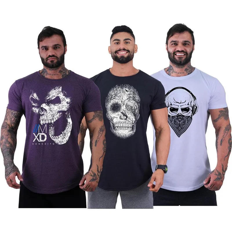 Kit 3 Camiseta Longline Masculina MXD Conceito Básico Sport Fitness Silk Screen