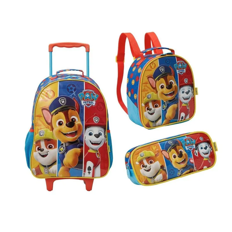 Kit Mochila Com Carrinho e Rodas + Lancheira + Estojo