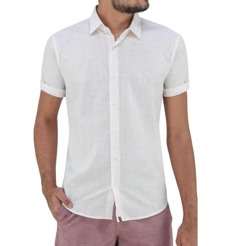 Camisa Manga Curta Casual Masculina Ogochi Slim Listrada 001504081 Rosa