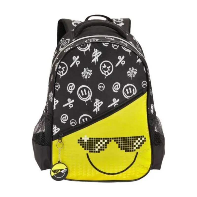 Mochila Costas Infantil Emoji Smile Preto Amarelo Denlex