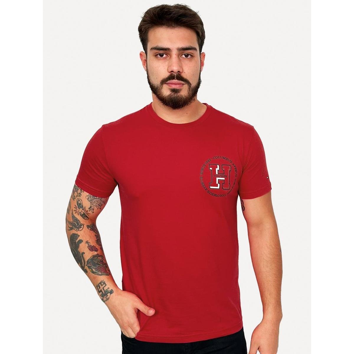 Camiseta Tommy Hilfiger Masculina Columbus H Roundle Logo Vermelho