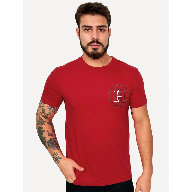 Camiseta Tommy Hilfiger Masculina Columbus H Roundle Logo Vermelho
