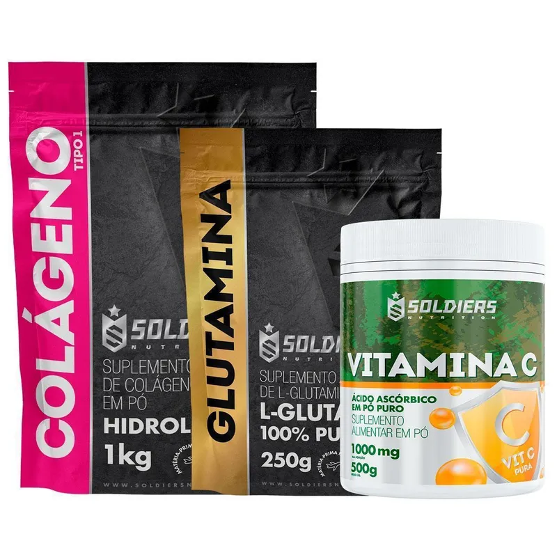 Kit: Colágeno 1Kg + Glutamina 250g + Vitamina C Em Pó 500g - 100% Puro Importado - Soldiers