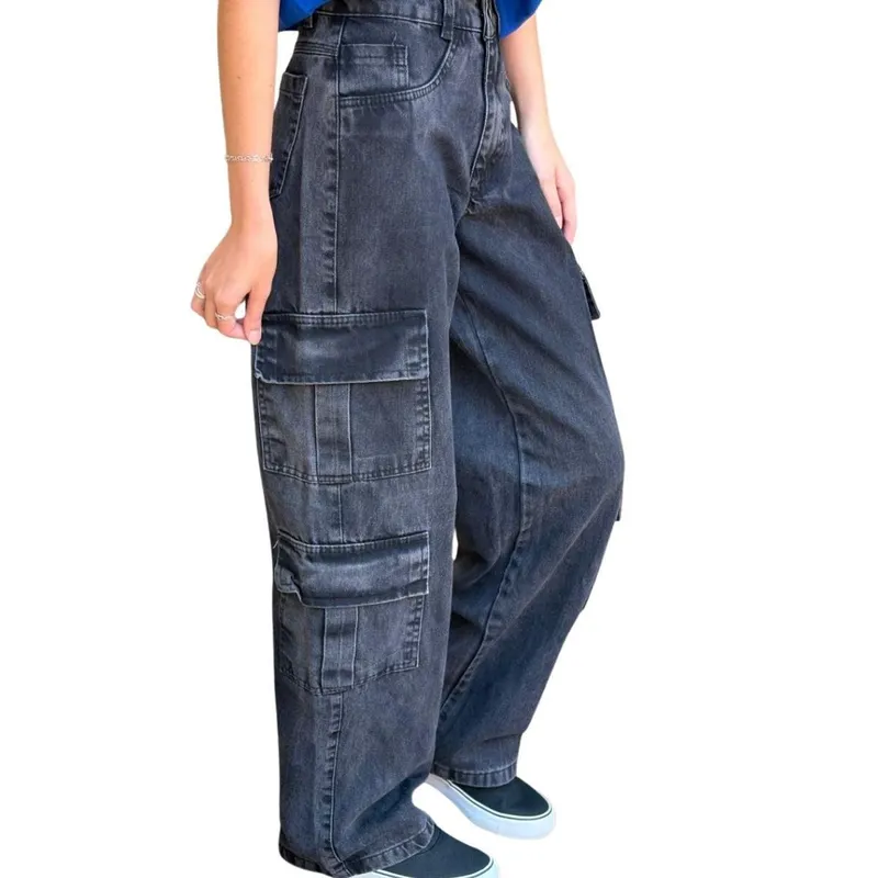 Calça Cargo Feminina Wide Leg 4 Bolsos Preto Estonada