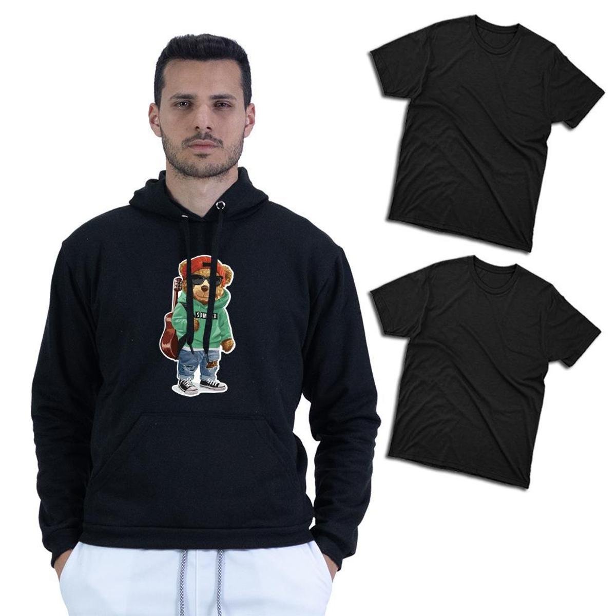 Kit 2 Camiseta Moderna Masculina Gola Redonda Manga Curta Com Blusa Moletom Jaqueta Estampada
