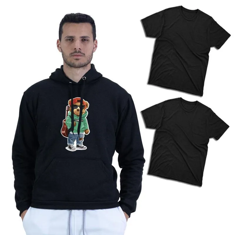 Kit 2 Camiseta Moderna Masculina Gola Redonda Manga Curta Com Blusa Moletom Jaqueta Estampada