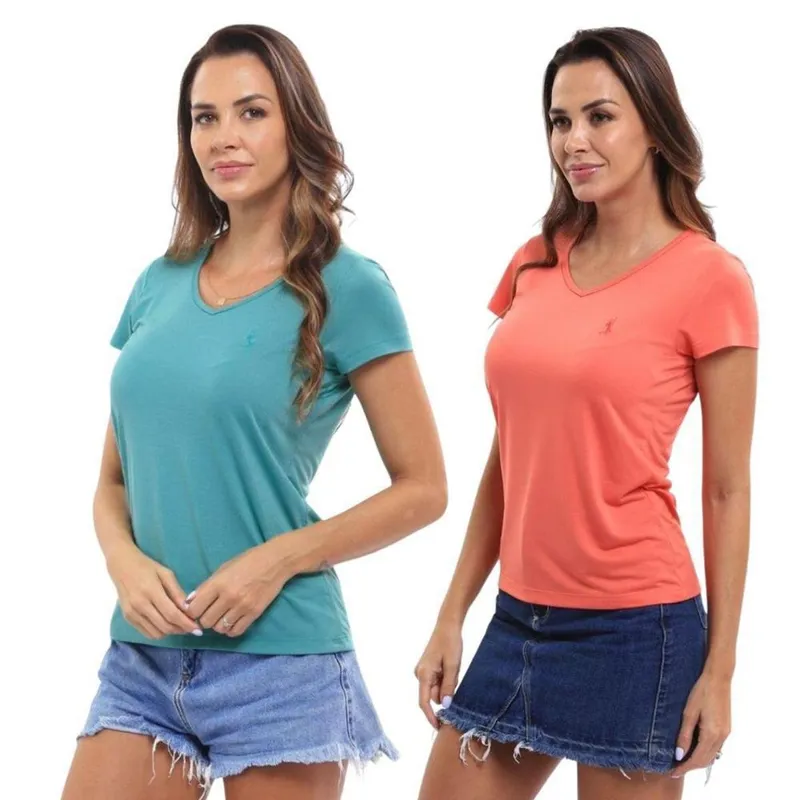 Kit 2 Camiseta Feminina Dia A Dia Gola V Academia