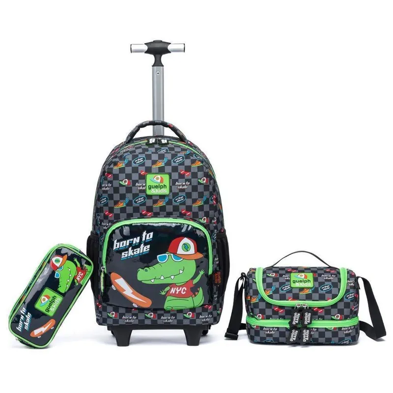 Kit Mochila Rodinha Infantil Escolar Lancheira Térmica Estojo 20 Litros Dinossauro Resistente