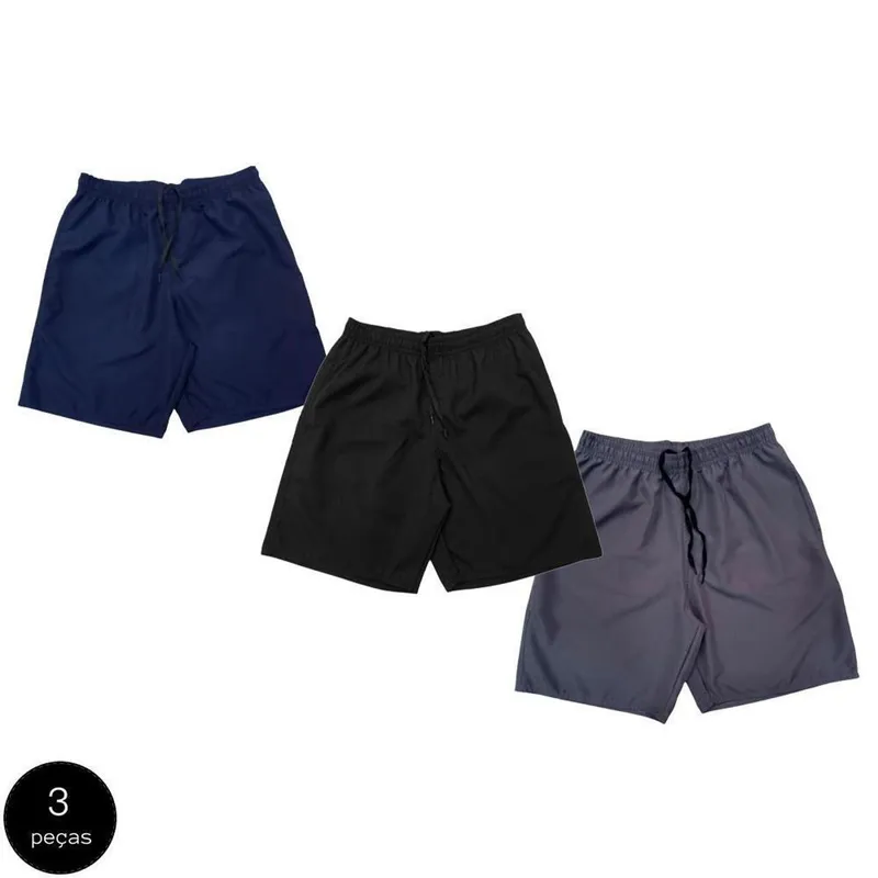 Kit 3 Shorts Bermuda Tactel Black Bear Liso Masculina