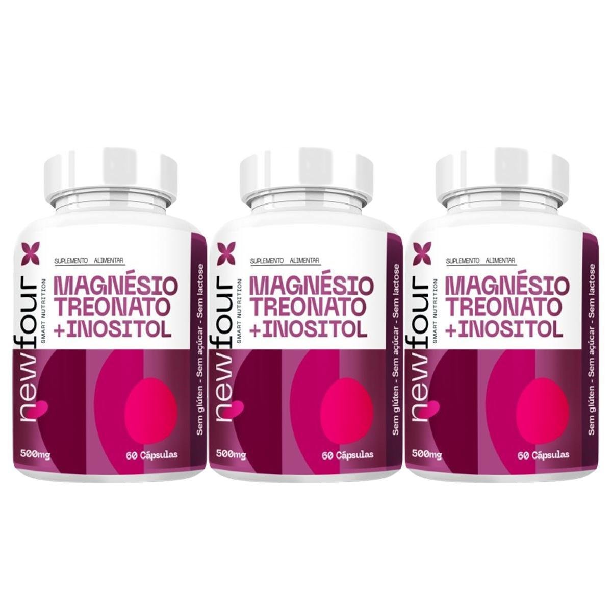 3x Magnésio Treonato + Mio Inositol Puro Concentrado 180 Cápsulas 500mg - New Four