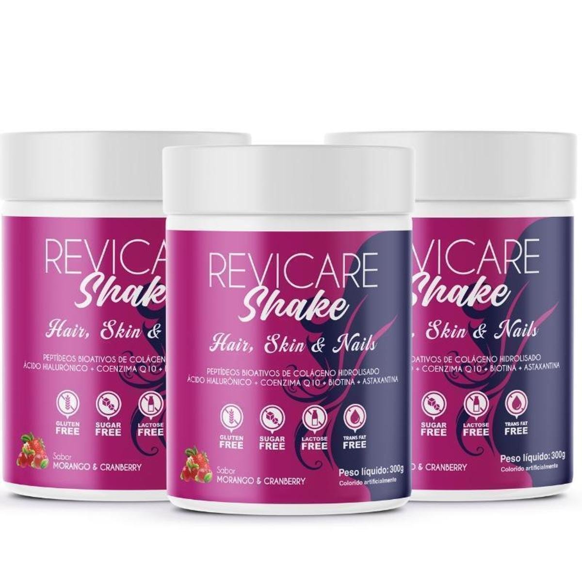 3 Potes Revicare Shake: Peptídeos Bioativos de Colágeno Hidrolisado + Ácido Hialurônico + Coenzima