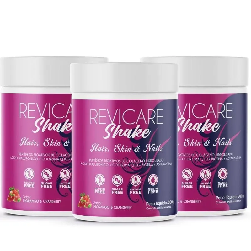 3 Potes Revicare Shake: Peptídeos Bioativos de Colágeno Hidrolisado + Ácido Hialurônico + Coenzima
