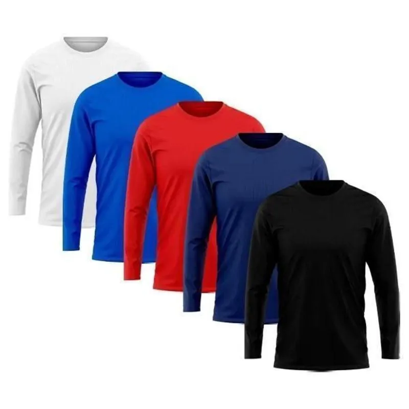 Kit C/5 Camiseta Manga Longa Básica Masculina Manga Comprida 100% Poliéster - Cores Sortidas
