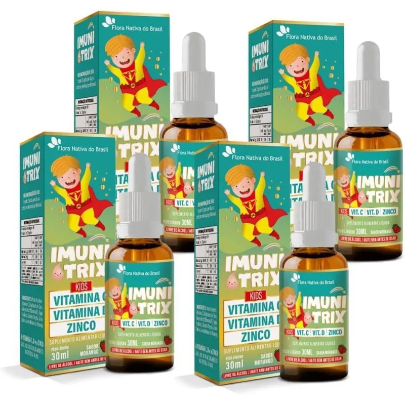 Kit Com 04 - ImuniTrix Kids (Vitamina C + D + Zinco) 30ml Sabor Morango Flora Nativa