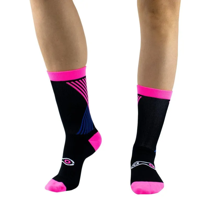 Meia de Ciclismo Márcio May Sports Preta com Listras Rosa e Azul