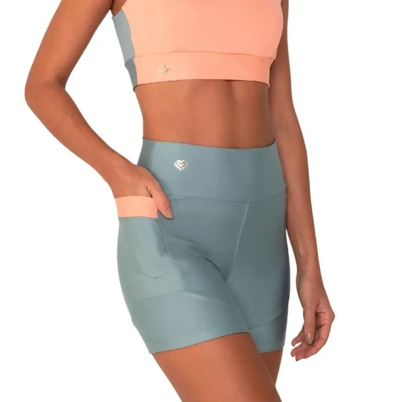 Short Amei Sport Duo Color com Bolso - Alecrim/Coral