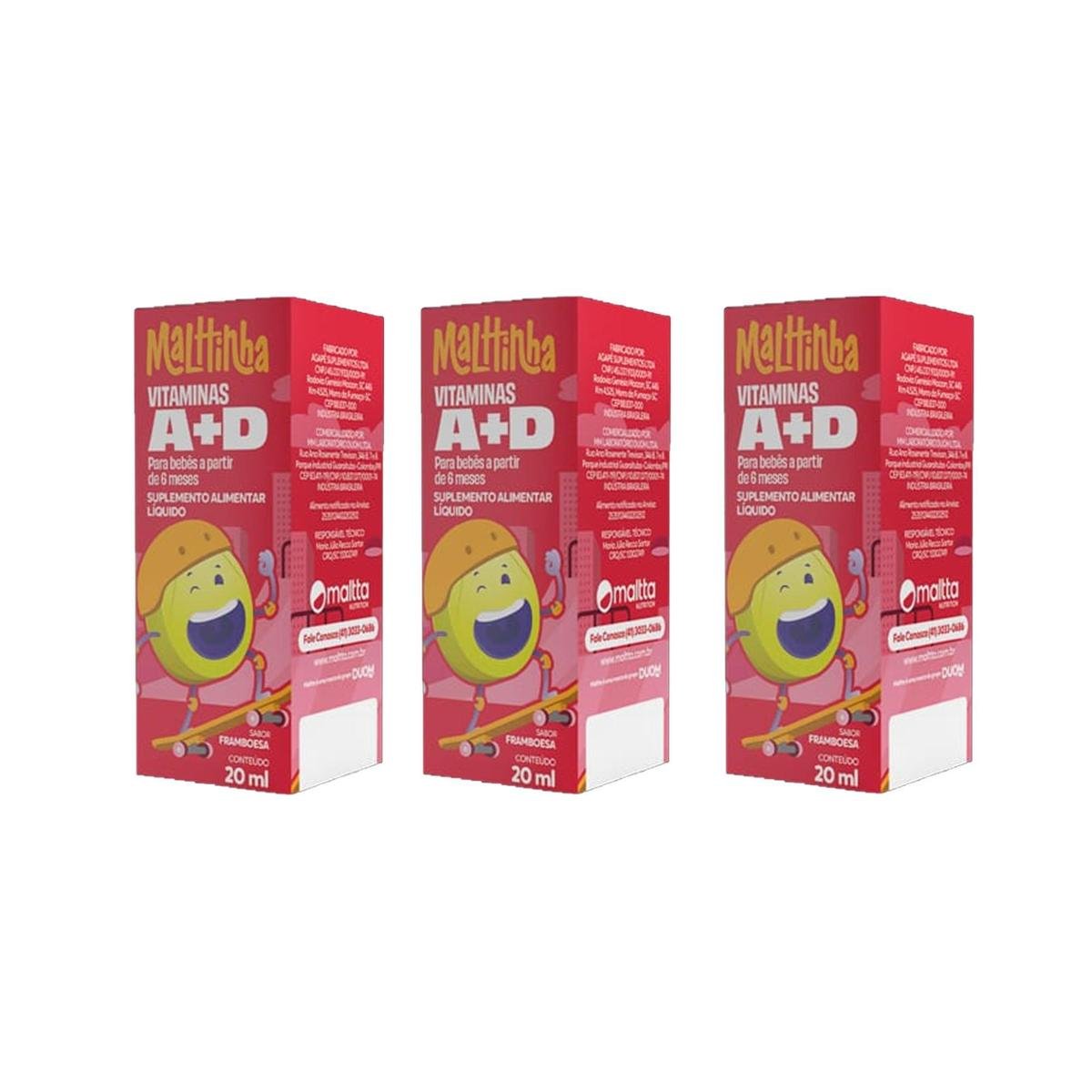 Kit 3 Vitaminas A+D gotas 3x20ml Sabor Framboesa Malttinha Maltta