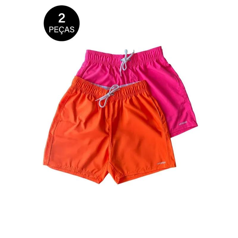 KIT 2 Shorts Tactel Praia Bermuda WA Laranja e Pink Liso Mauricinho