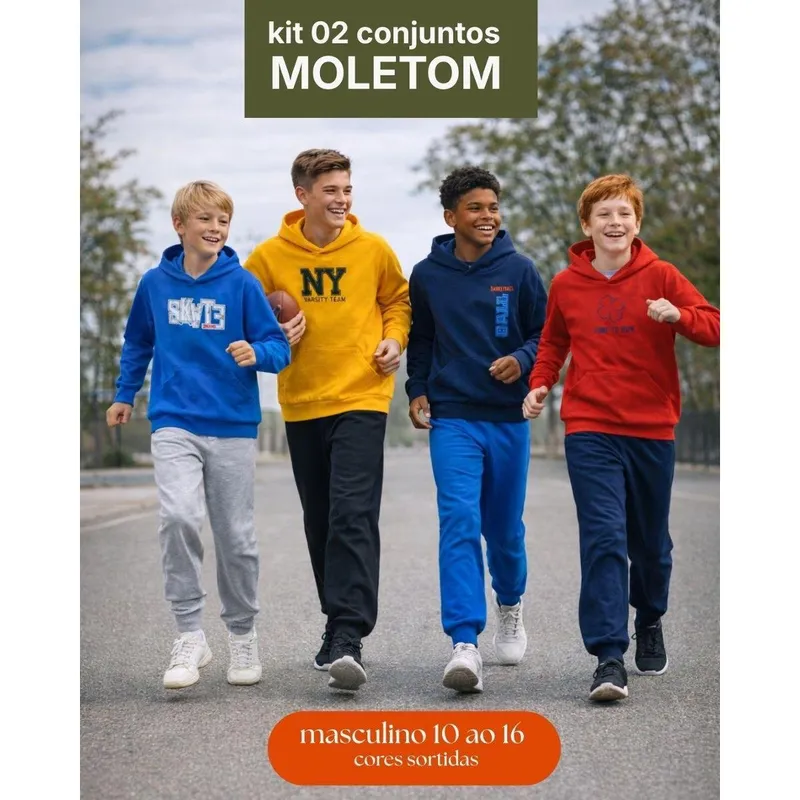 Kit 2 Conjunto Moletom Juvenil Masculino Blusa e Calça Flanelado, c/ capuz bolso 10 12 14 16