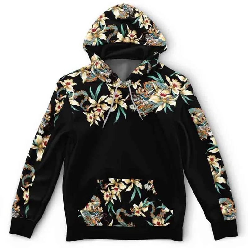 Moletom Canguru Floral E Dragão Chinês