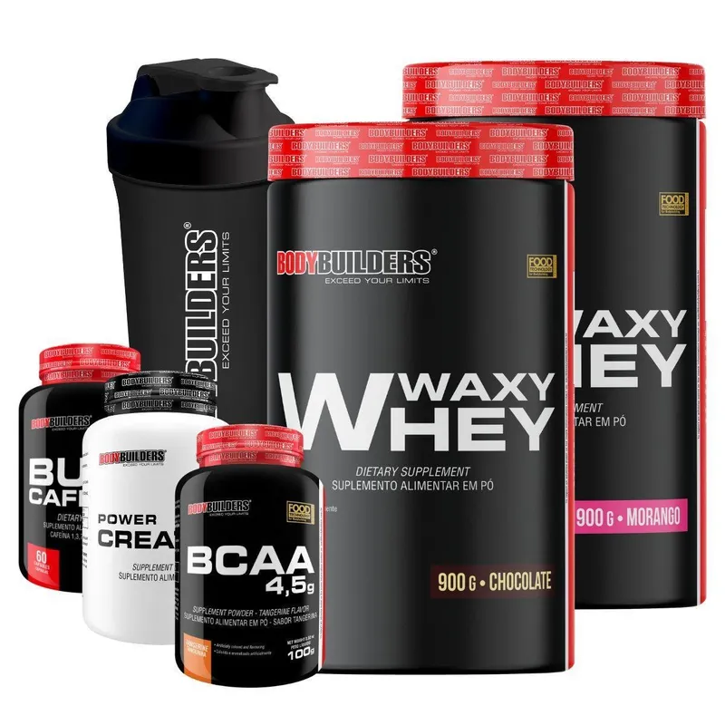 Kit 2x Whey Waxy Whey 900g + BCAA 100g + Creatina 100g + Cafeína 60 cáps + Coq - Bodybuilders