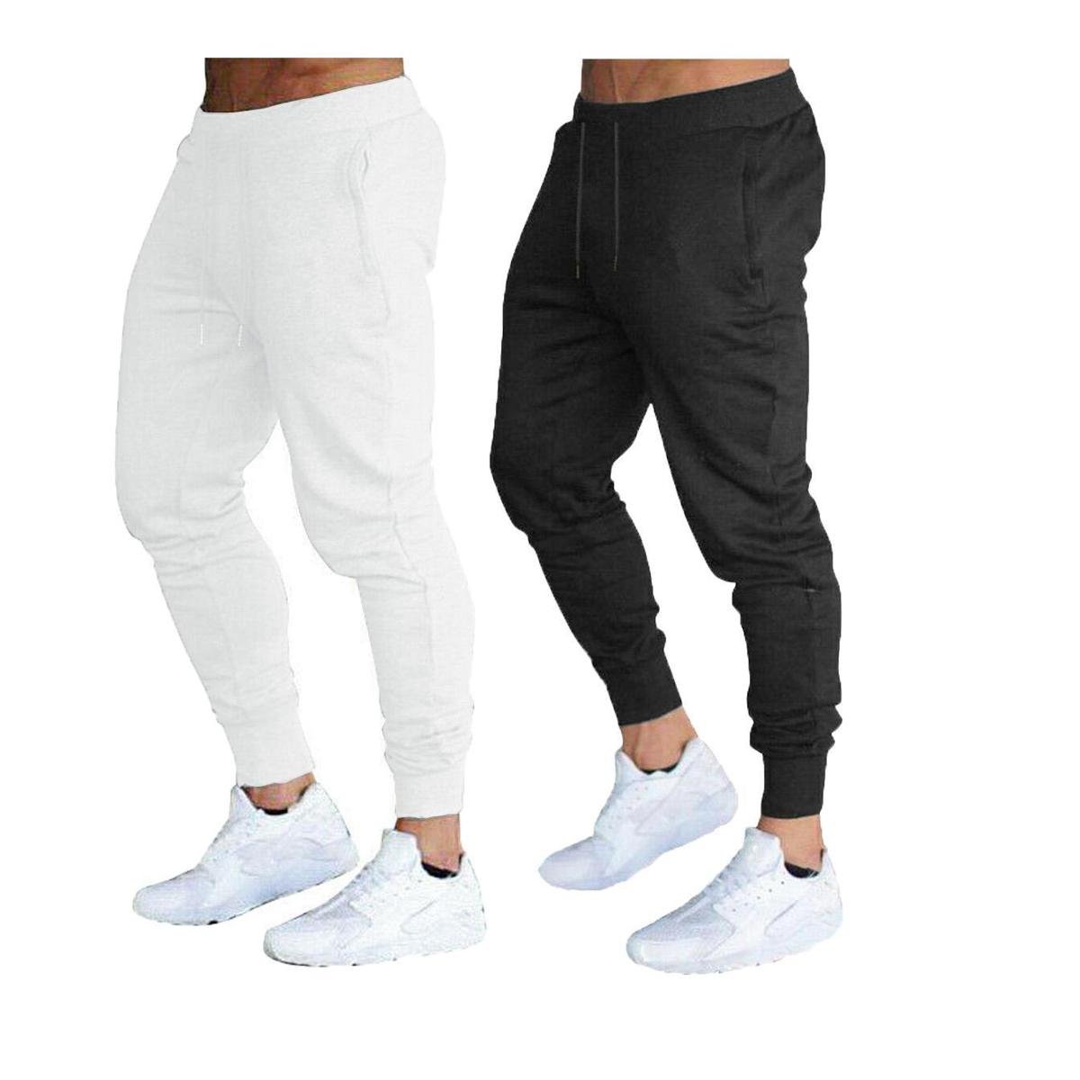 KIT COM 02 CALÇAS MOLETOM MASCULINA PLUS SIZE JOGGER SLIM FIT BÁSICA LISA-BRANCO-PRETO-G3