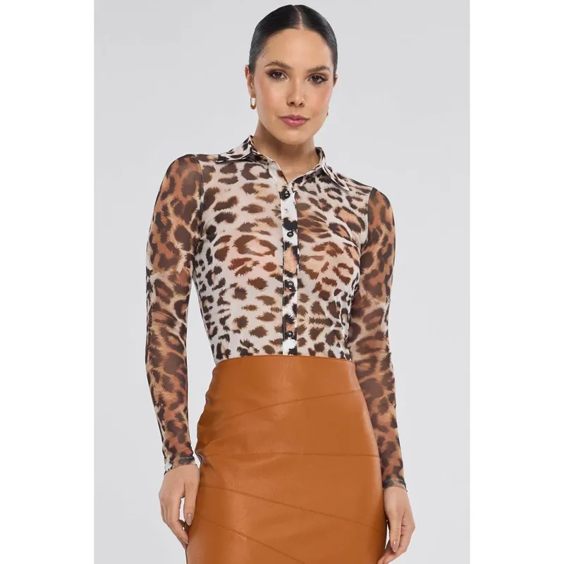 Camisa PKS Tule Manga Longa Estampada Animal Print