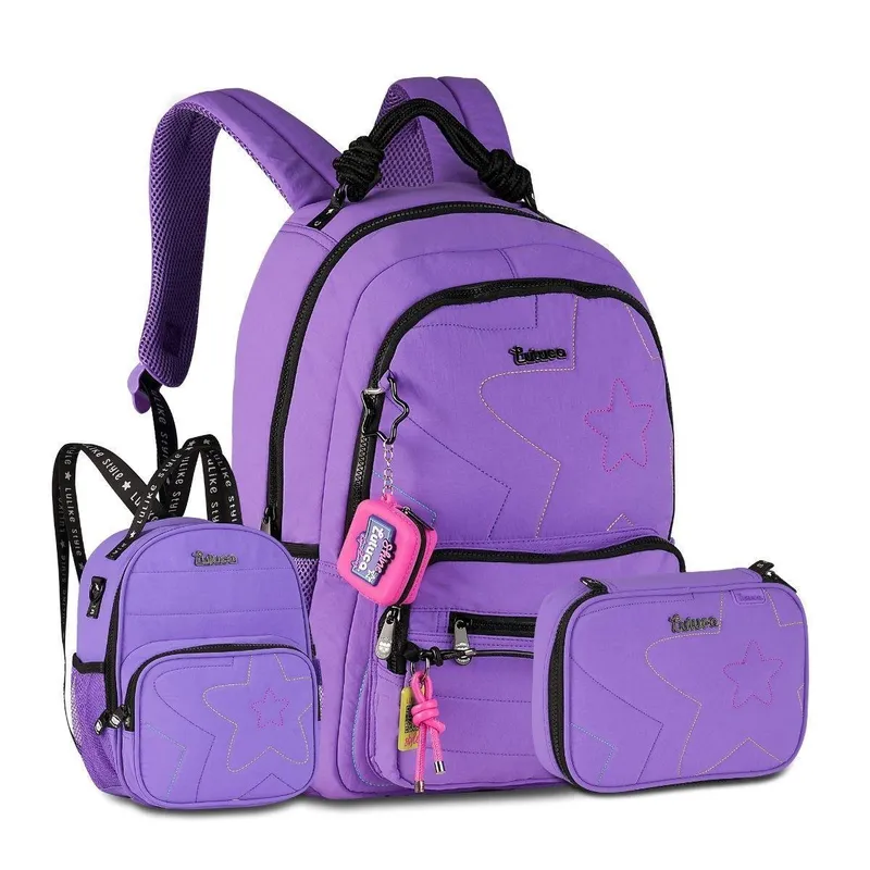Mochila Luluca Com Lancheira Mutifuncional e Estojo Kit Escolar