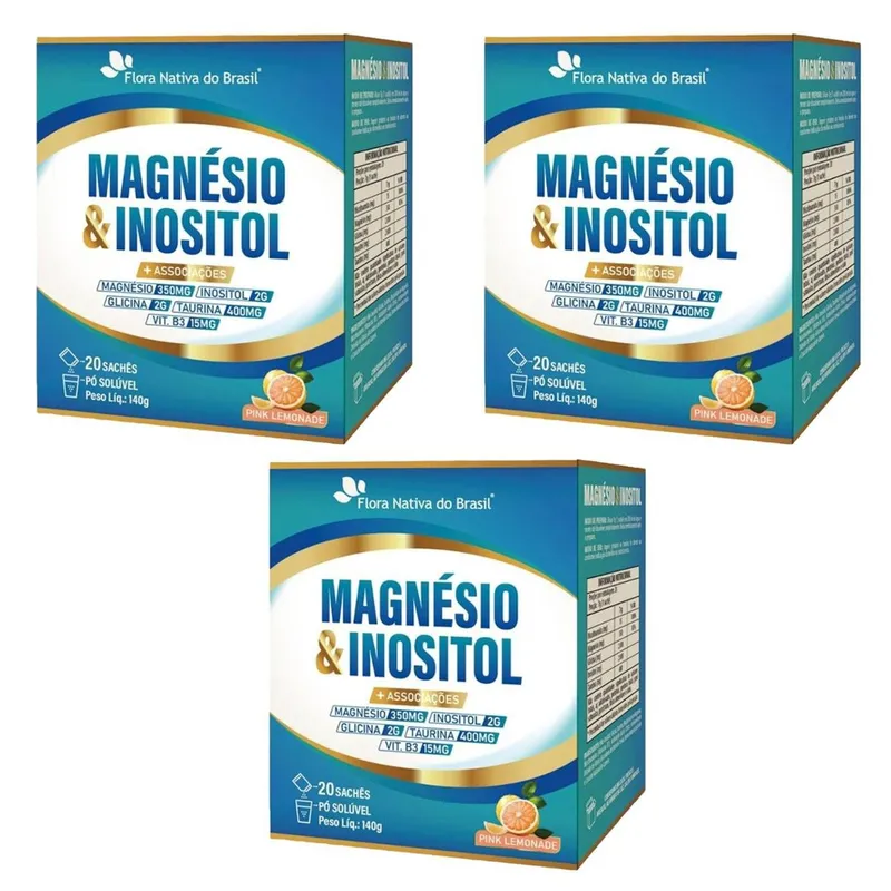 Kit 3 Magnésio e Inositol + Associações Sabor Pink Lemonade 3x20 sachês Flora Nativa do Brasil