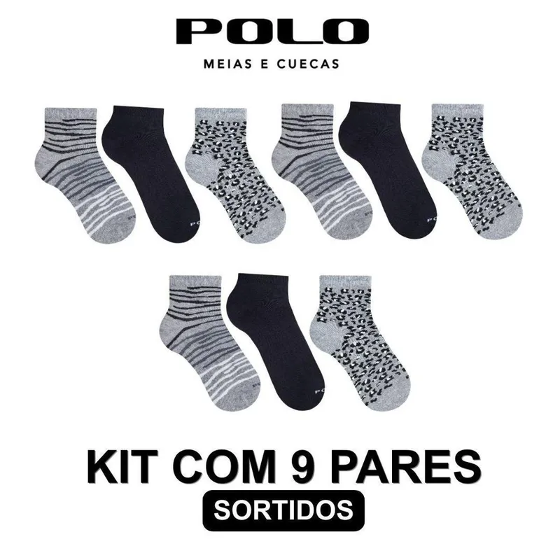 Kit 9 Pares de Meias Feminino Soquete Premium Estampas Sortidas