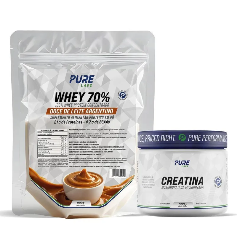 Kit Whey Protein 70% Concentrado 900g + Creatina 500g Pura