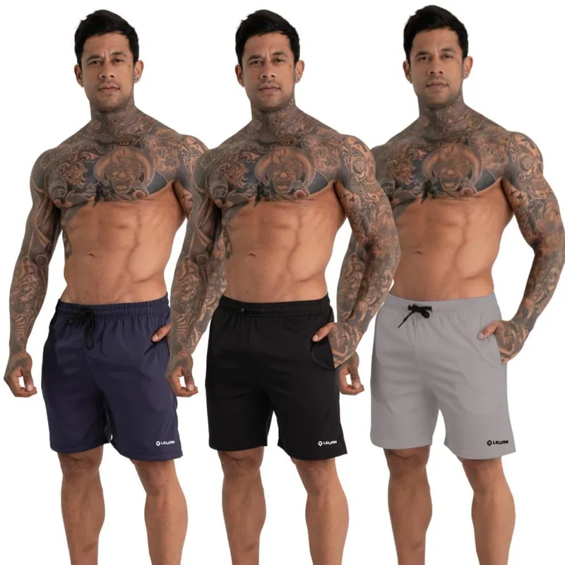 Kit 3 Bermuda Tactel Masculina Academia Leve Bolso Zíper Cordão