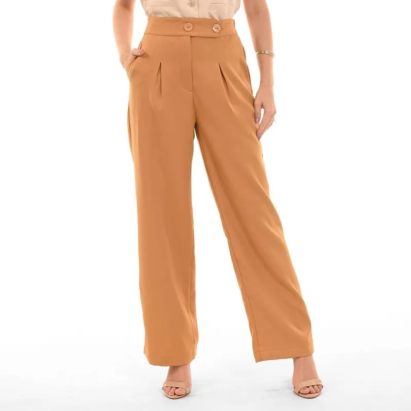 Calça Bisô Alfaiataria Cós Transpassado Lisa Caramelo